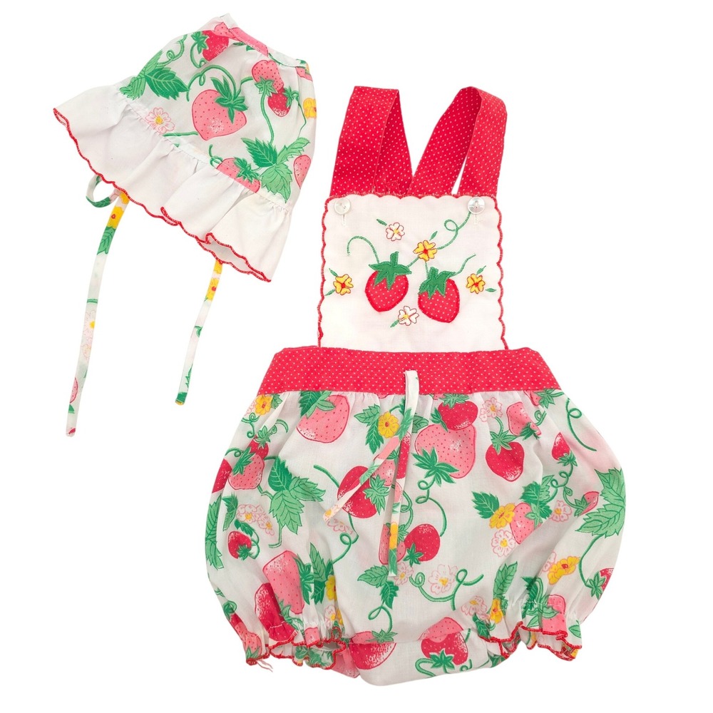 Vintage Strawberry Print Sunsuit & Bonnet Set Red White Baby 6-9M